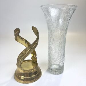Vtg Art Nouveau Style Brass Base With Crackle Glass Vase Feather Vine Boho Decor